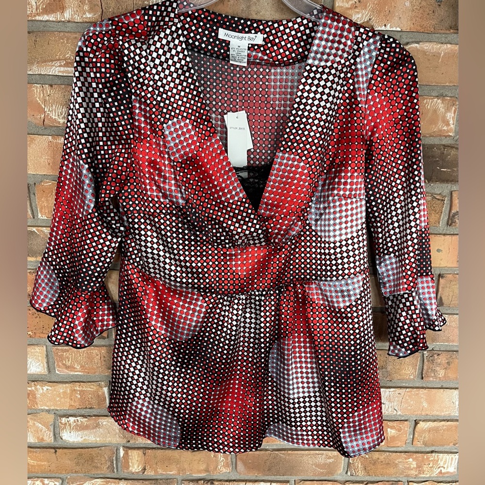 Moonlight Bay Women’s Red Multicolored Polka Dot V-Neck Blouse Size Medium